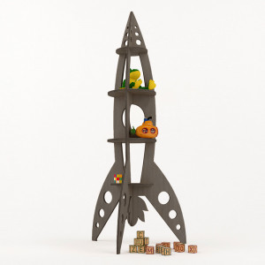 Bücherregal-Rakete aus Holz, einfach zu montieren – Metallgrau