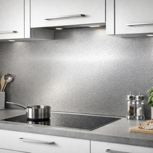 Painel de cozinha em aço inox com textura de couro sob medida