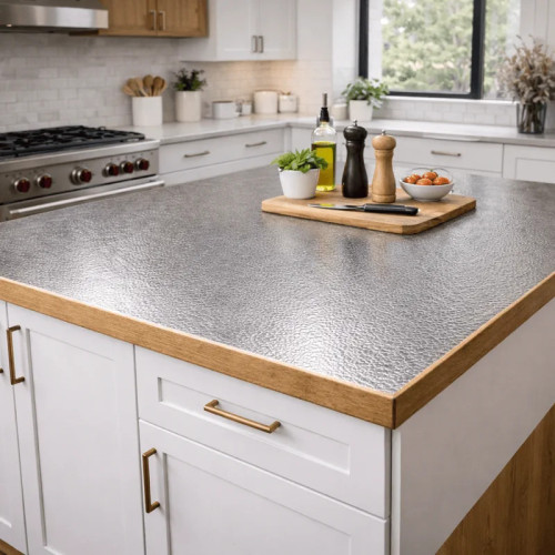Custom leather-textured stainless steel countertop cladding