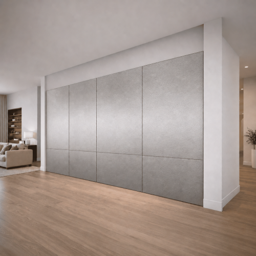 Custom leather-texture stainless steel backsplash | John Steel