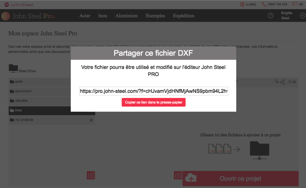 Partager un fichier dxf depuis le compte sans indiquer de paramètres