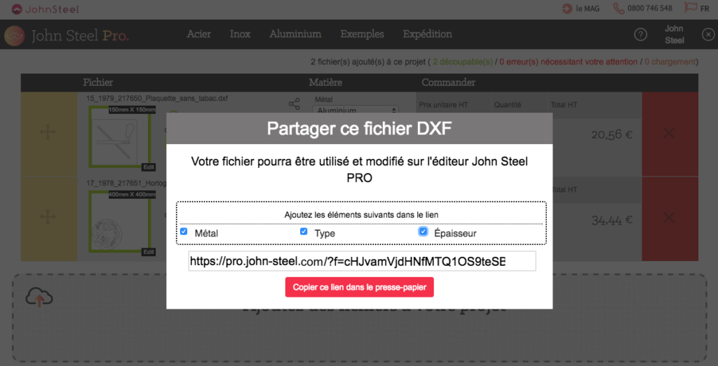 Partager un fichier dxf avec l'alliage et l'épaisseur du métal