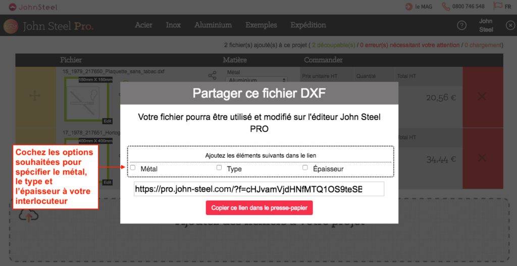 Partager un fichier dxf en cochant les options souhaitées