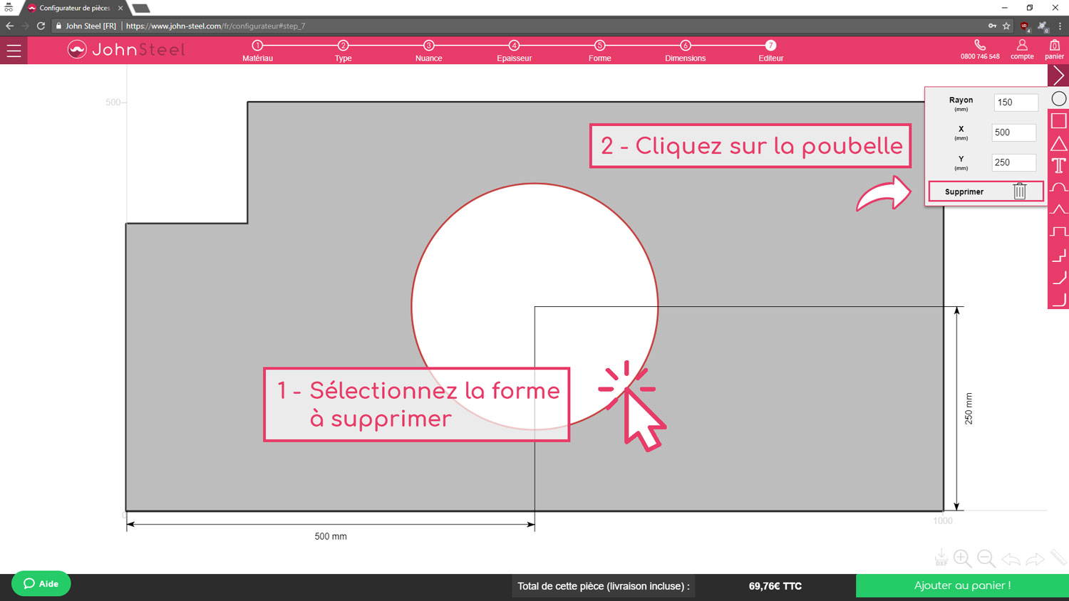 Cliquez sur la poubelle du configurateur