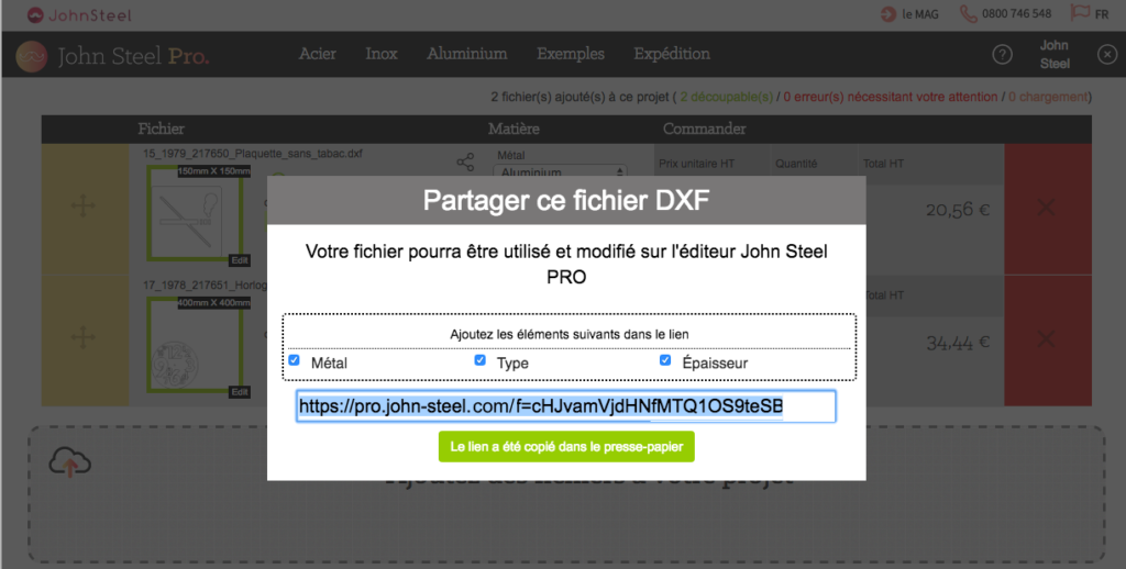 Partager un fichier dxf avec les options de votre métal