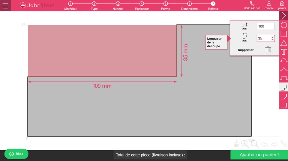 Dimensions de l'encoche pour le L inversé