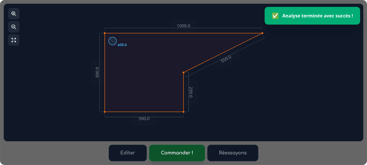 Résultat de l'analyse IA du pentagone dessiné à la main : contour aux cotes pré-remplies 1000.0, 500.0, 500.0 et 250.0, pente non cotée calculée à 559.0, et le percement manuscrit « ø50 » affiché ø50.0 à sa place en haut à gauche —