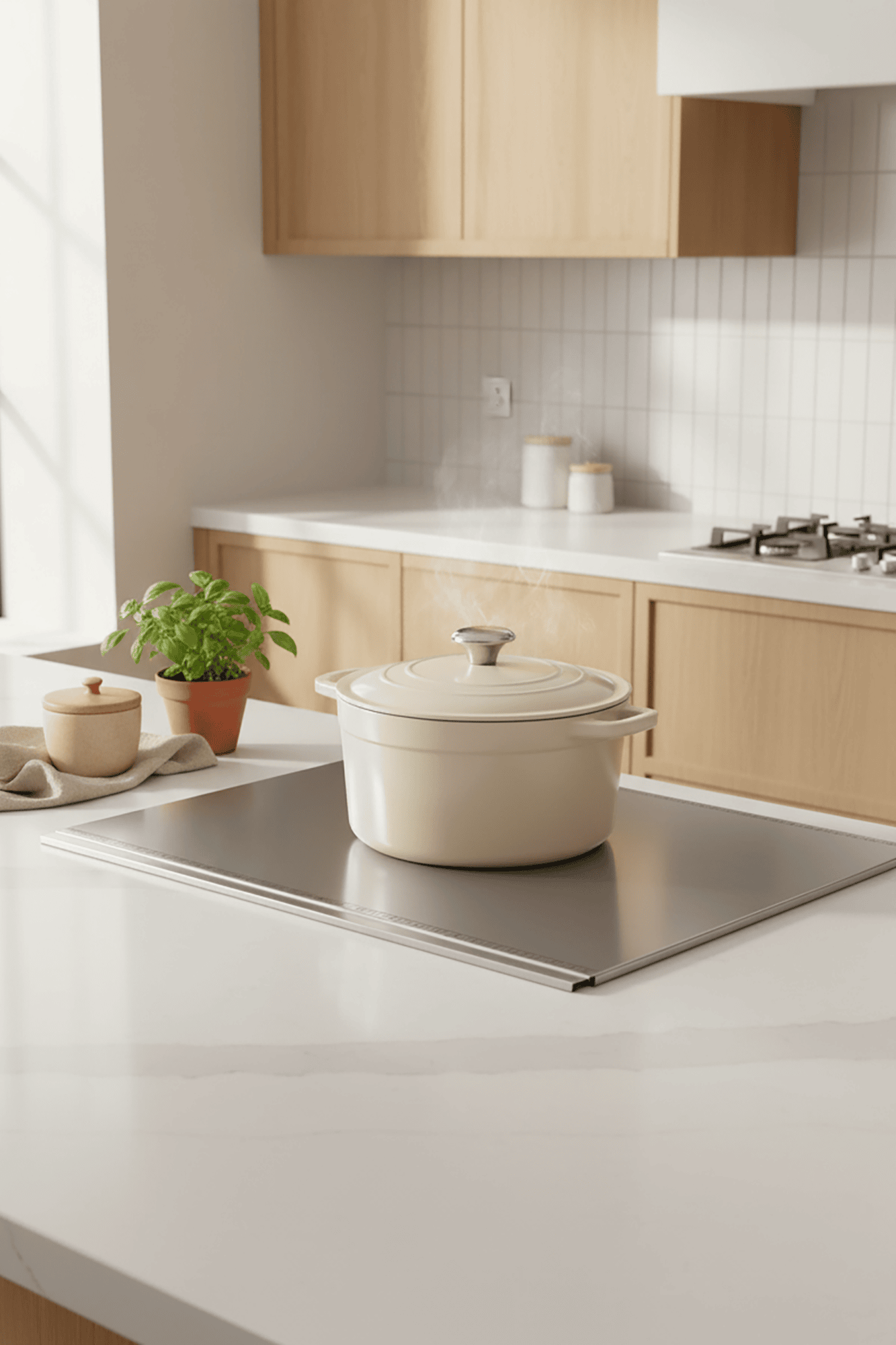 Cocotte en fonte sur une plaque de cuisson dans une cuisine moderne avec plante et accessoires. John Steel.