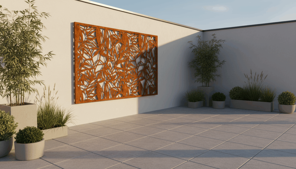 Panneau mural décoratif en métal sur patio moderne avec plantes en pot à l'extérieur. John Steel