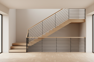 Escalier moderne en bois avec rambarde en métal noir dans un intérieur spacieux. Design épuré. John Steel.