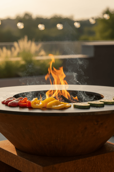 Barbecue en plein air avec légumes grillés sur brasero moderne. Ciel dégagé en arrière-plan. John Steel.