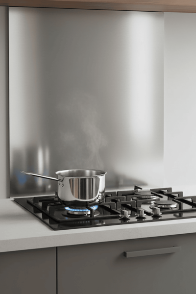 Casserole en acier inoxydable bouillante sur une cuisinière à gaz moderne, reflet sur crédence. John Steel.